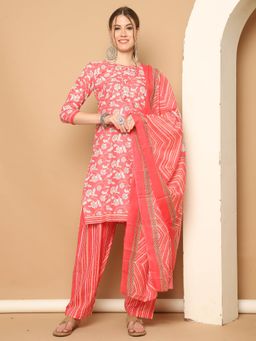 Rajnandini - Peach and White Cotton Blend Printed Kurta and Salwar with Dupatta (Set of 3)