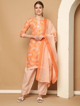 Rajnandini - Light Orange Cotton Blend Printed Kurta and Salwar with Dupatta (Set of 3)