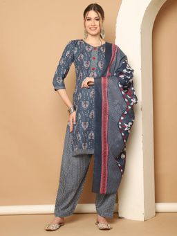 Rajnandini - Grey and White Cotton Blend Printed Kurta and Salwar with Dupatta (Set of 3)
