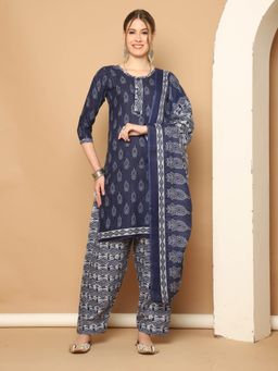 Rajnandini - Navy Blue Cotton Blend Printed Kurta and Salwar with Dupatta (Set of 3)