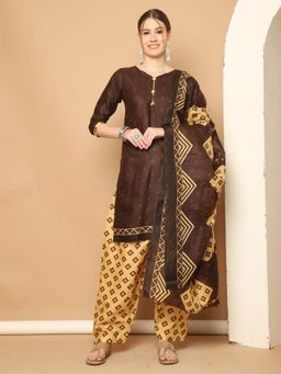 Rajnandini - Brown Cotton Blend Printed Kurta and Salwar with Dupatta (Set of 3)