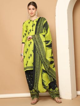 Rajnandini - Neon Green Cotton Blend Printed Kurta and Salwar with Dupatta (Set of 3)