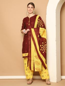 Rajnandini - Maroon Cotton Blend Printed Kurta and Salwar with Dupatta (Set of 3)