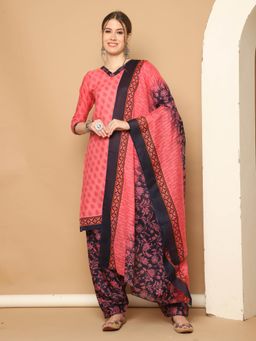 Rajnandini - Gajari Pink Cotton Blend Printed Kurta and Salwar with Dupatta (Set of 3)