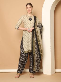 Rajnandini - Beige Cotton Blend Printed Kurta and Salwar with Dupatta (Set of 3)