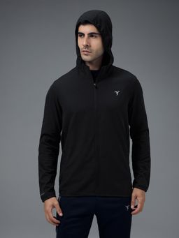 Technosport - Men Solid Slim Fit Hooded Sports Black Jacket