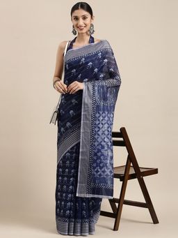 Akhilam - Womens Soft Silk Navy Blue Digital Print Celebrity Saree with Unstitched Blouse