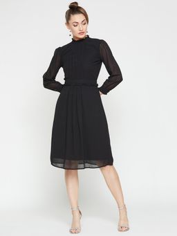 RARE - Women Black Solid High Neck A-line Dress
