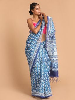 Indethnic - Blue Printed Super Net Saree with Unstitched Blouse