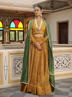 Amoree - Zig-Zag Print Aari Embroidered Blouse with Lehenga and Dupatta (Set of 3)