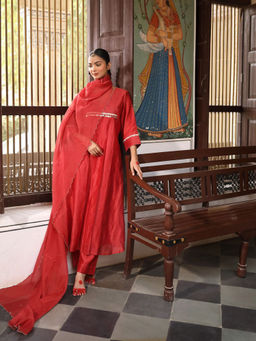 Amoree - Brick Rust V-Neck Zardozi Embroidered Kurta with Pant and Dupatta (Set of 3)