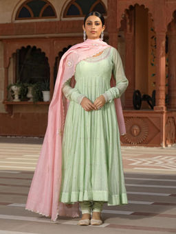 Amoree - Green Embroidered Anarkali with Churidar and Dupatta (Set of 3)