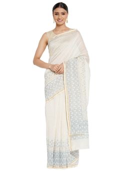 Fabindia - Cotton Silk Hand Block Print Sari (White)