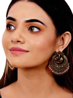 Voylla - Arabian Nights Antique Golden Brass Jhumka Earrings with Red & Blue Stone