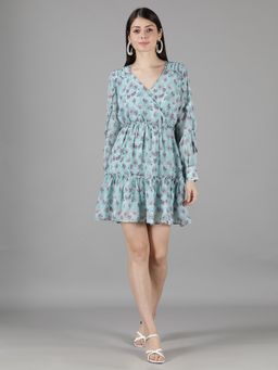 AMAGYAA - Green V-Neck Floral Dress