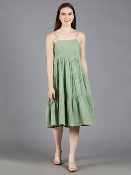 AMAGYAA - Green Shoulder Straps Solid Dress