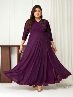 Miss Chase - A+ Curve Collection Plus Size Women Dark Purple Wrap Dress