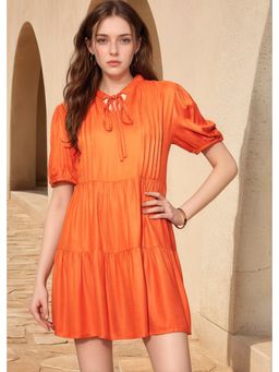 RARE - Women Casual Orange Colour Self Design Dress