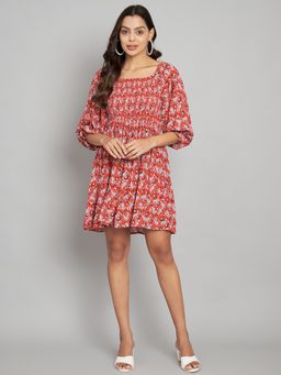 AMAGYAA - Orange Square Neck Floral Dress