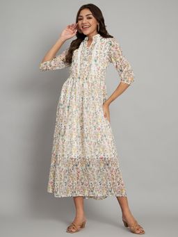 AMAGYAA - White Mandarin Neck Floral Dress