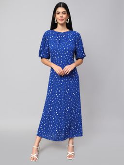AMAGYAA - Blue Round Neck Floral Dress