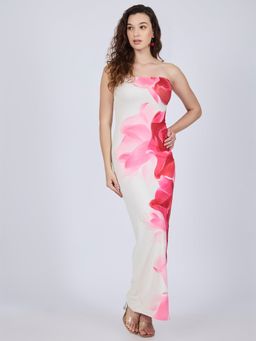 Outzidr - White Strapless/Tube Floral Dress