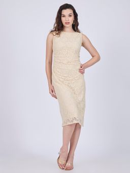 Outzidr - Beige Boat Neck Embroidered Dress