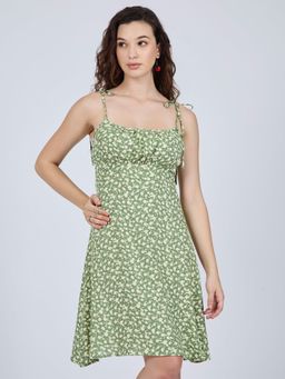 Outzidr - Olive Shoulder Strap Neck Floral Dress