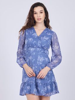 Outzidr - Blue V-Neck Floral Dress