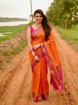 Anjaneya Sarees - Orange Banarasi Silk Kanjivaram Saree with Unstitched Blouse