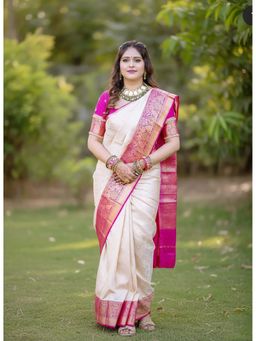 Anjaneya Sarees - Beige Designer Banarasi Silk Kanjivaram Saree with Unstitched Blouse