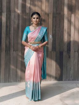 Anjaneya Sarees - Peach Designer Banarasi Silk Kanjivaram Saree with Unstitched Blouse