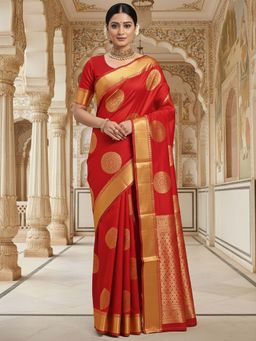 Anjaneya Sarees - Red Designer Banarasi Silk Kanjivaram Saree with Unstitched Blouse