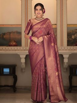 Anjaneya Sarees - Maroon Banarasi Silk Kanjivaram Saree with Unstitched Blouse