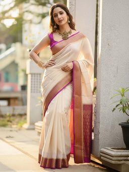 Anjaneya Sarees - Cream Designer Banarasi Silk Kanjivaram Saree with Unstitched Blouse