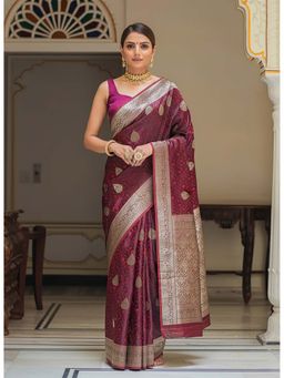 Anjaneya Sarees - Maroon Banarasi Silk Kanjivaram Saree with Unstitched Blouse