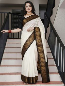 Anjaneya Sarees - White Designer Banarasi Silk Kanjivaram Saree with Unstitched Blouse