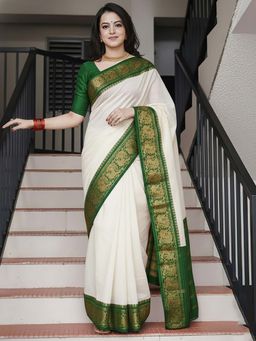 Anjaneya Sarees - White Designer Banarasi Silk Kanjivaram Saree with Unstitched Blouse