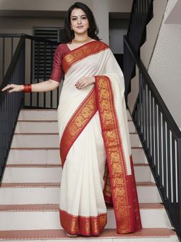 Anjaneya Sarees - White Designer Banarasi Silk Kanjivaram Saree with Unstitched Blouse