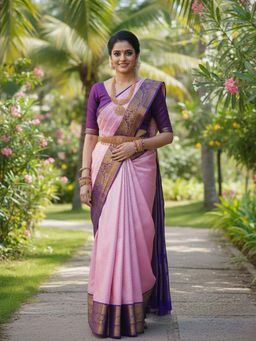 Anjaneya Sarees - Pink Designer Banarasi Silk Kanjivaram Saree with Unstitched Blouse