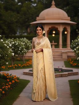 Anjaneya Sarees - Beige Designer Banarasi Silk Kanjivaram Saree with Unstitched Blouse