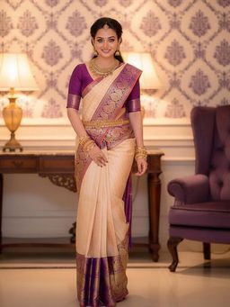 Anjaneya Sarees - Peach Designer Banarasi Silk Kanjivaram Saree with Unstitched Blouse