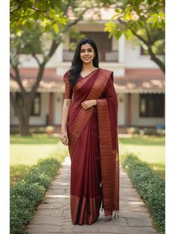 Anjaneya Sarees - Maroon Banarasi Silk Kanjivaram Saree with Unstitched Blouse