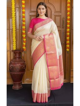 Anjaneya Sarees - White Designer Banarasi Silk Kanjivaram Saree with Unstitched Blouse