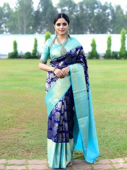 Anjaneya Sarees - Blue Designer Banarasi Silk Kanjivaram Saree with Unstitched Blouse