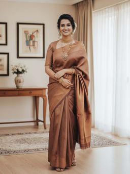 Anjaneya Sarees - Brown Designer Banarasi Silk Kanjivaram Saree with Unstitched Blouse