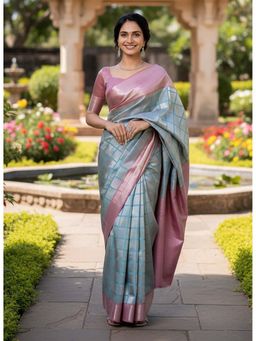 Anjaneya Sarees - Blue Designer Banarasi Silk Kanjivaram Saree with Unstitched Blouse