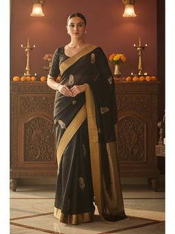 Anjaneya Sarees - Black Designer Banarasi Silk Kanjivaram Saree with Unstitched Blouse