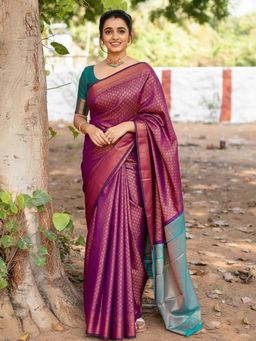 Anjaneya Sarees - Purple Banarasi Silk Kanjivaram Saree with Unstitched Blouse