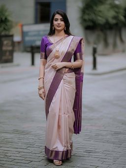 Anjaneya Sarees - Beige Designer Banarasi Silk Kanjivaram Saree with Unstitched Blouse